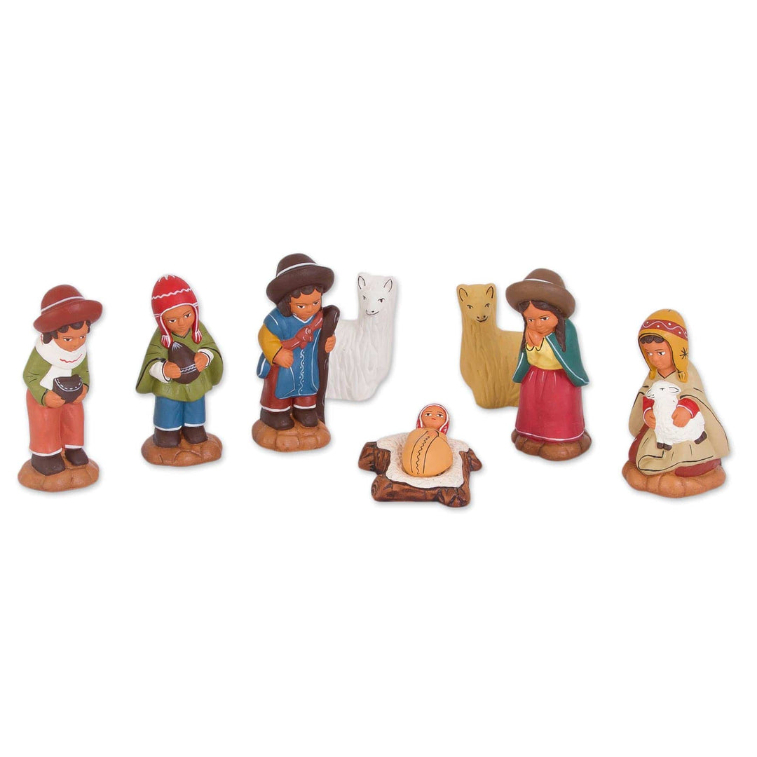 Ceramic Andean Nativity Scene with Llamas from Peru (8 Pcs) - Andean Birth