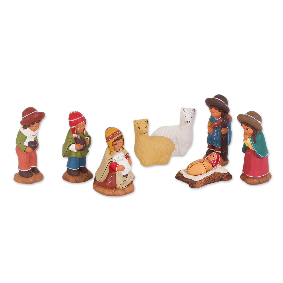 Ceramic Andean Nativity Scene with Llamas from Peru (8 Pcs) - Andean Birth