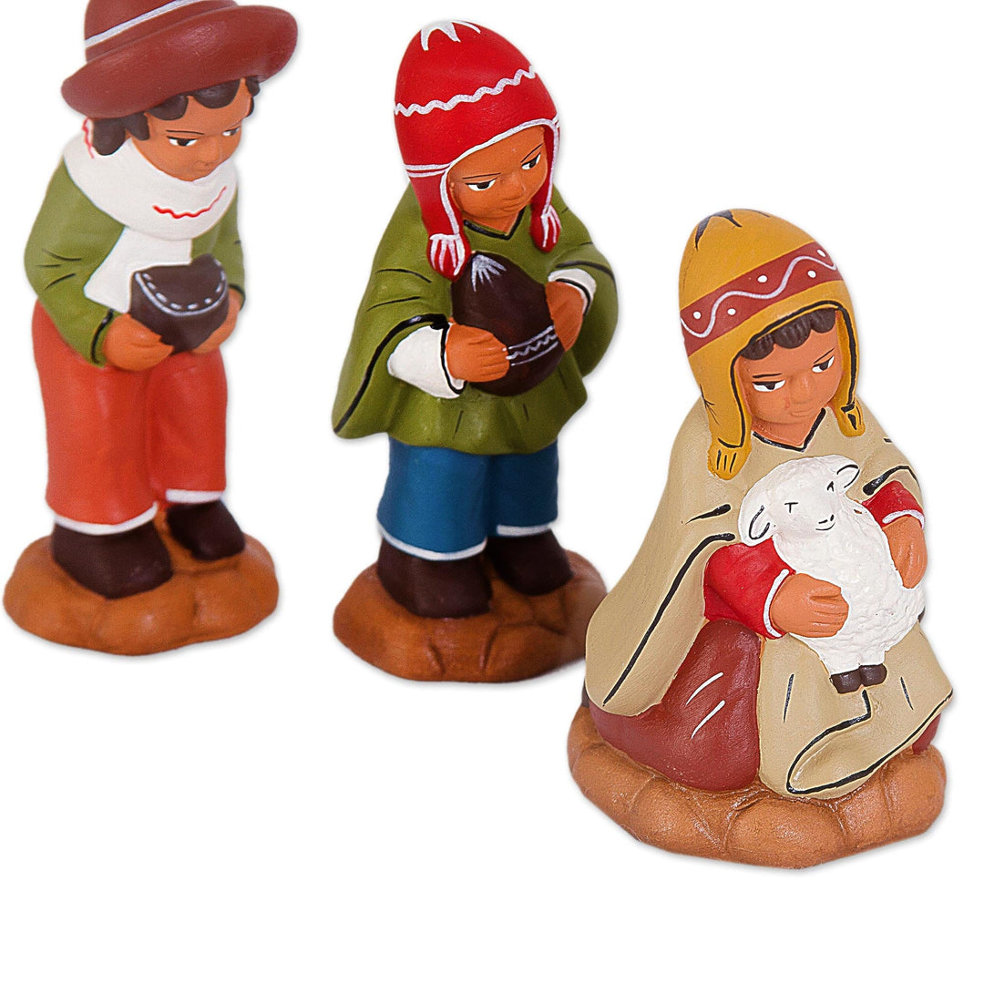 Ceramic Andean Nativity Scene with Llamas from Peru (8 Pcs) - Andean Birth