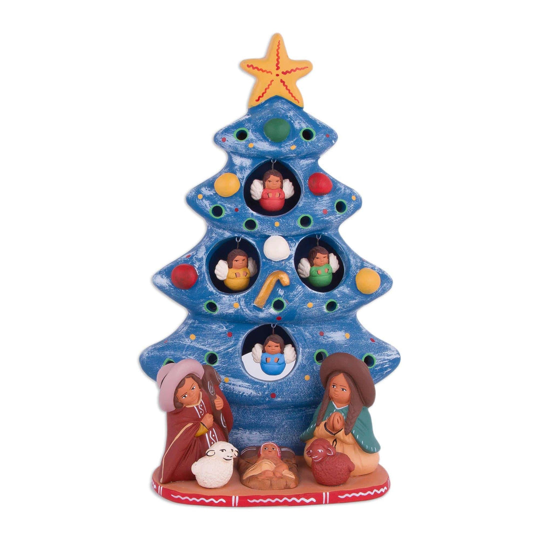 Ceramic Christmas Nativity Sculpture in Blue from Peru - Birth Beneath the Blue Tree