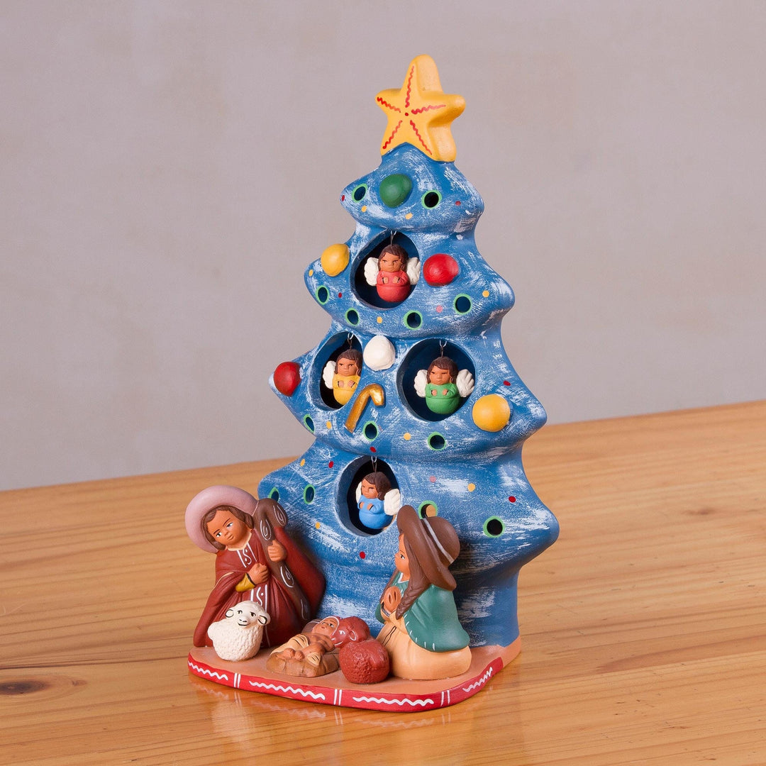 Ceramic Christmas Nativity Sculpture in Blue from Peru - Birth Beneath the Blue Tree