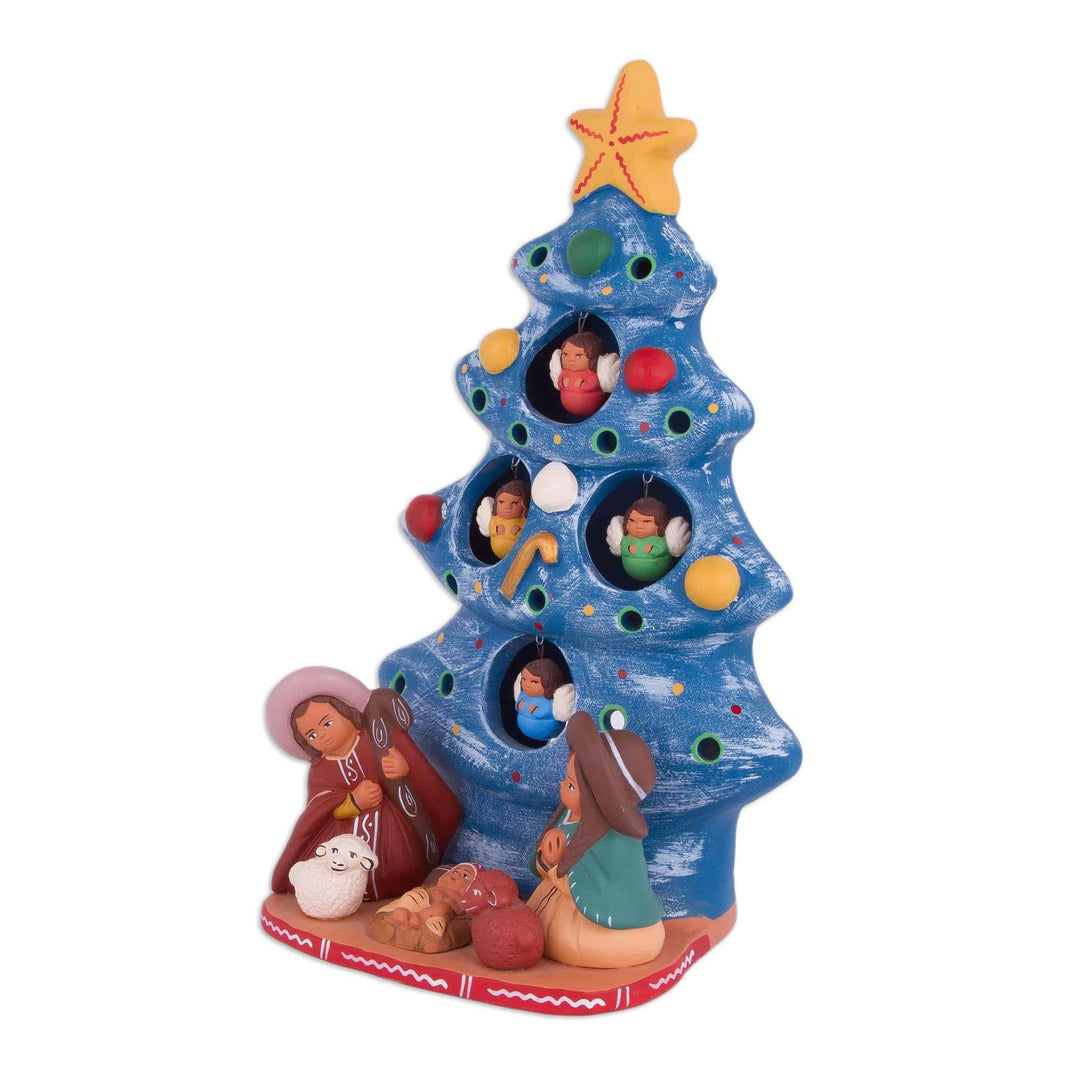 Ceramic Christmas Nativity Sculpture in Blue from Peru - Birth Beneath the Blue Tree