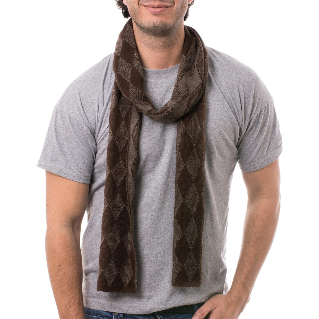Men's Knit Alpaca Blend Scarf with Brown Diamond Patterns - Diamond Brown