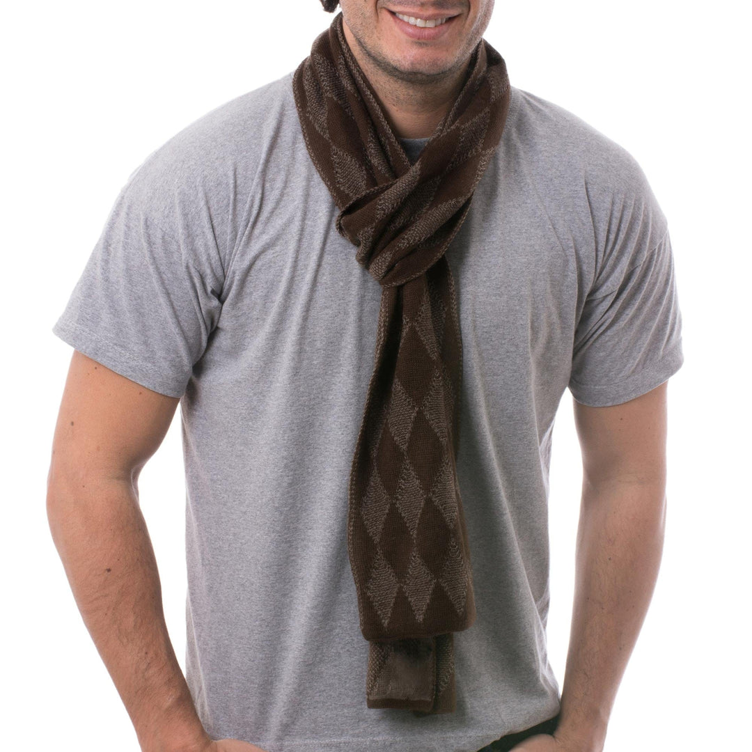 Men's Knit Alpaca Blend Scarf with Brown Diamond Patterns - Diamond Brown