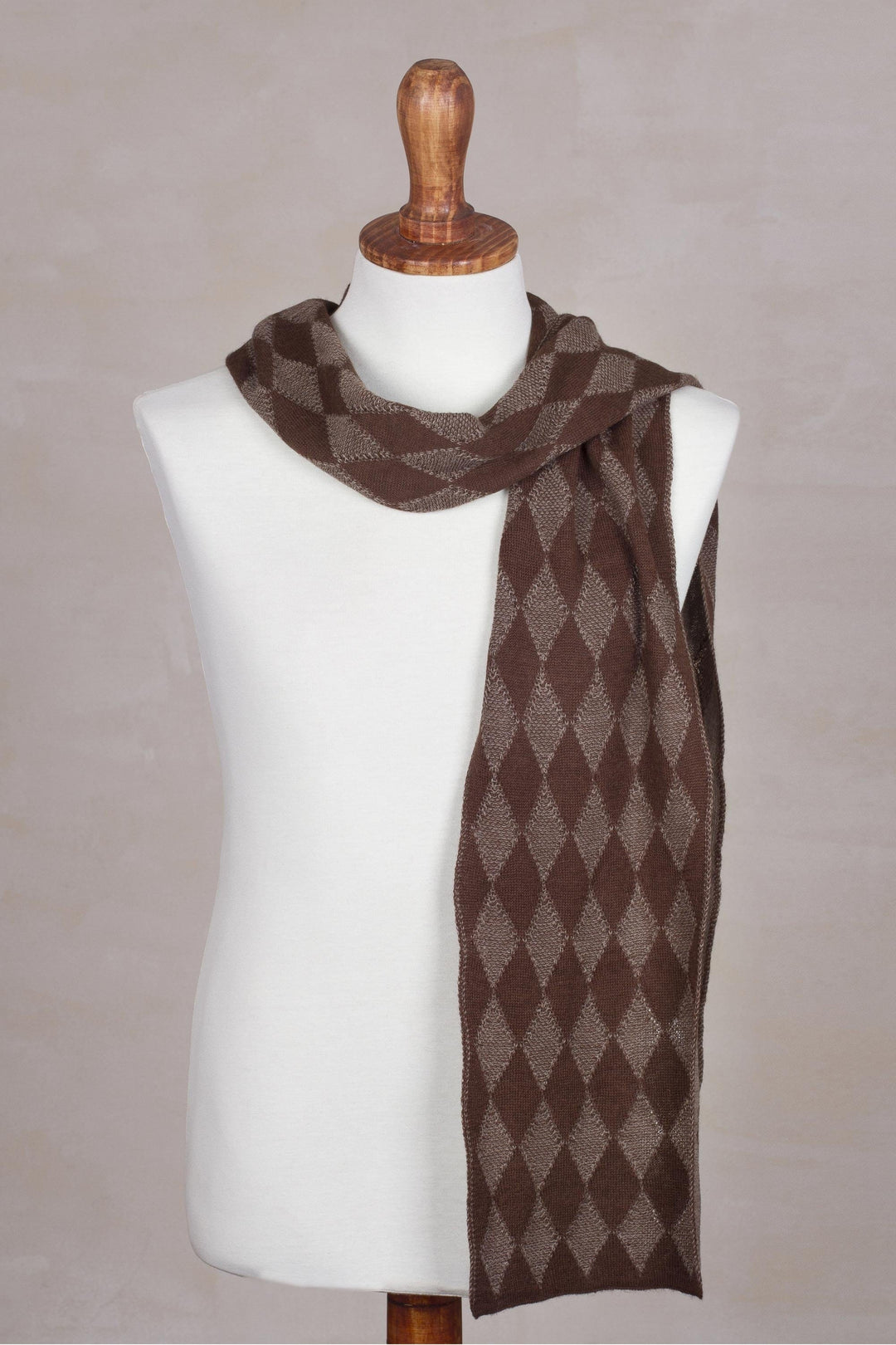 Men's Knit Alpaca Blend Scarf with Brown Diamond Patterns - Diamond Brown