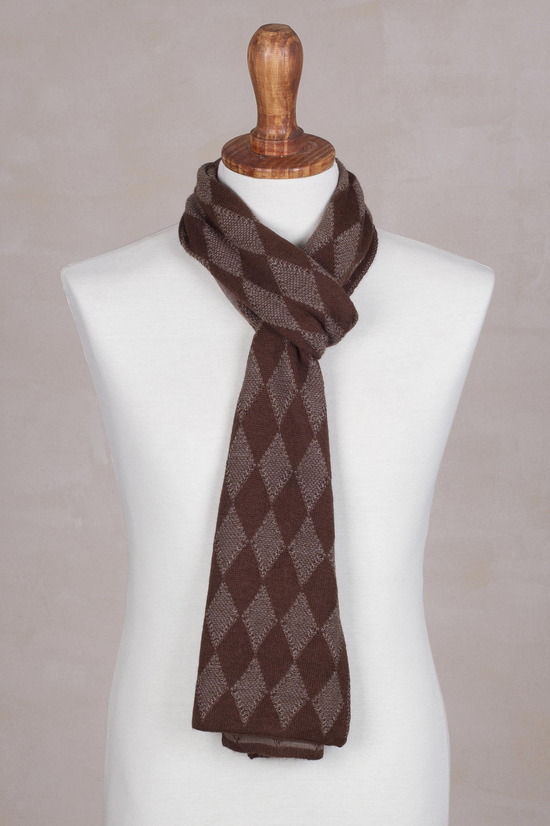 Men's Knit Alpaca Blend Scarf with Brown Diamond Patterns - Diamond Brown