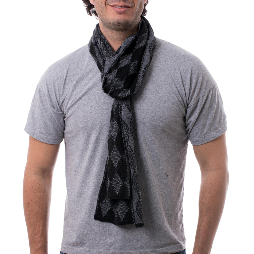 Men's Alpaca Blend Scarf with Grey Diamond Patterns - Diamond Grey
