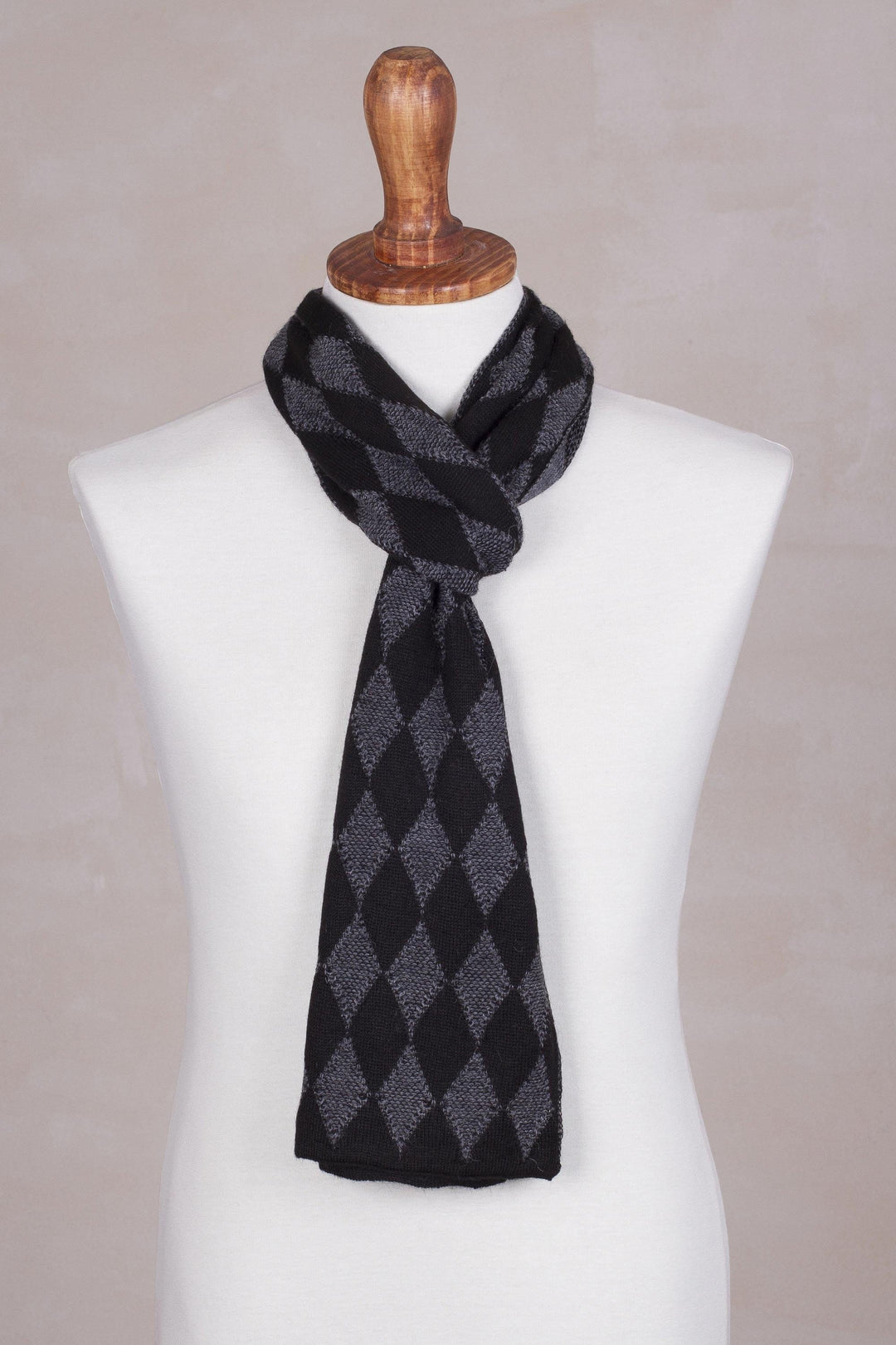 Men's Alpaca Blend Scarf with Grey Diamond Patterns - Diamond Grey