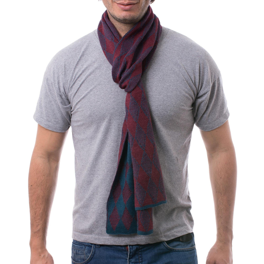 Men's Alpaca Blend Scarf in Teal and Cherry from Peru - Diamond Sophistication
