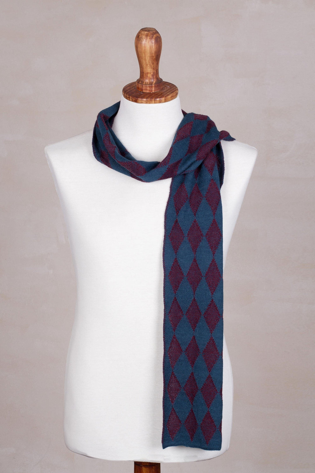 Men's Alpaca Blend Scarf in Teal and Cherry from Peru - Diamond Sophistication