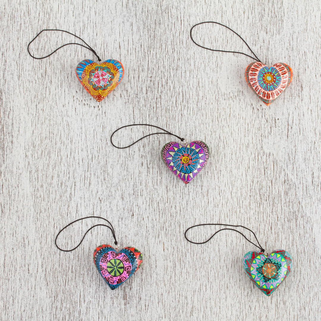 Five Painted Heart-Shaped Alebrije Mini Ornaments - Alebrije Hearts