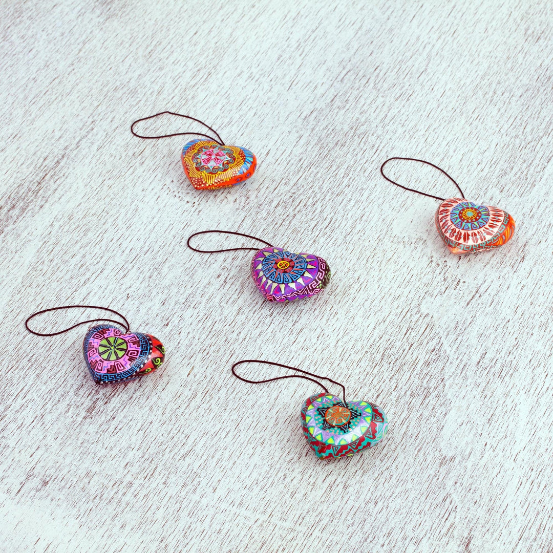 Five Painted Heart-Shaped Alebrije Mini Ornaments - Alebrije Hearts
