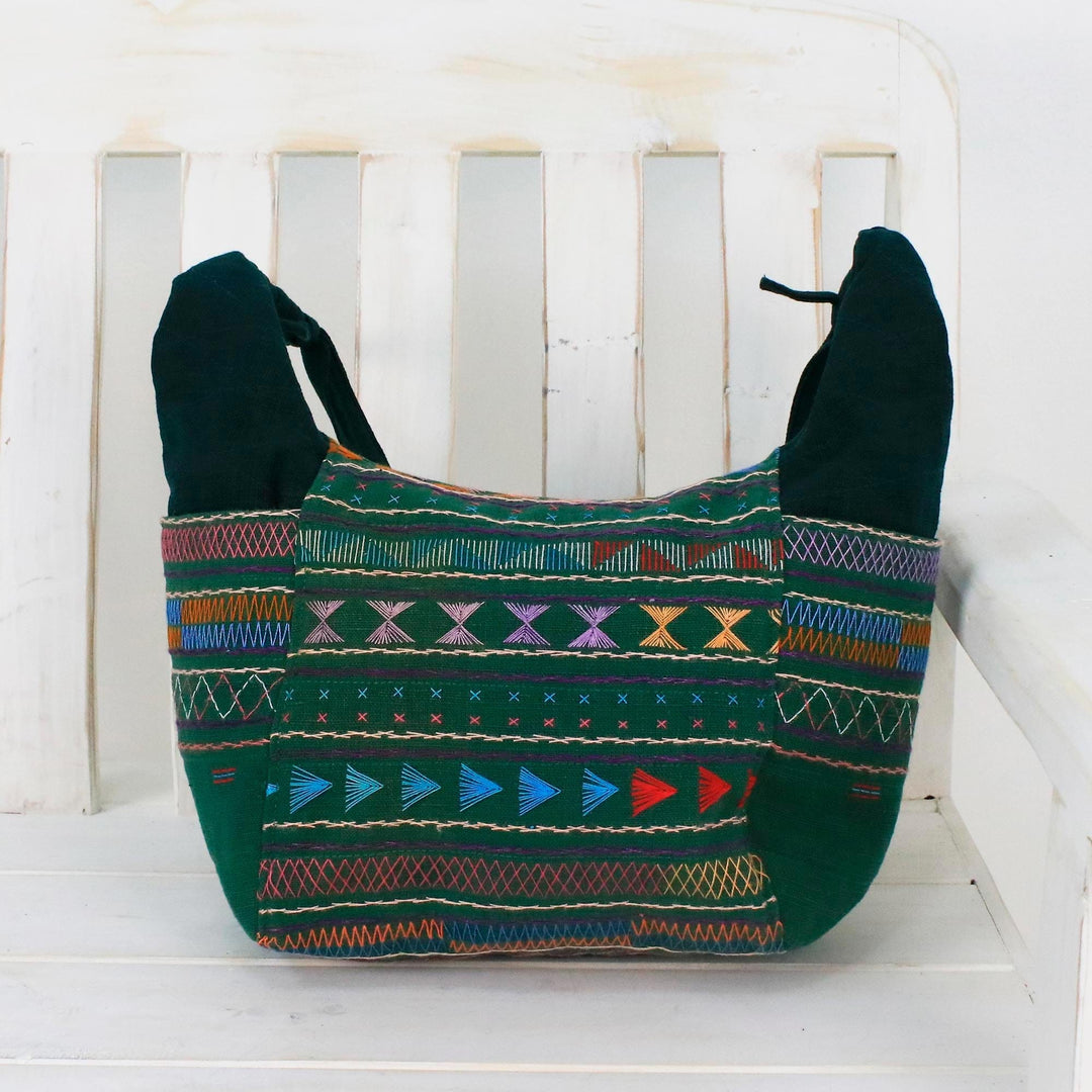 Handwoven Cotton Hill Tribe Hobo Bag in Moss from Thailand - Moss Hill Tribe Carnival