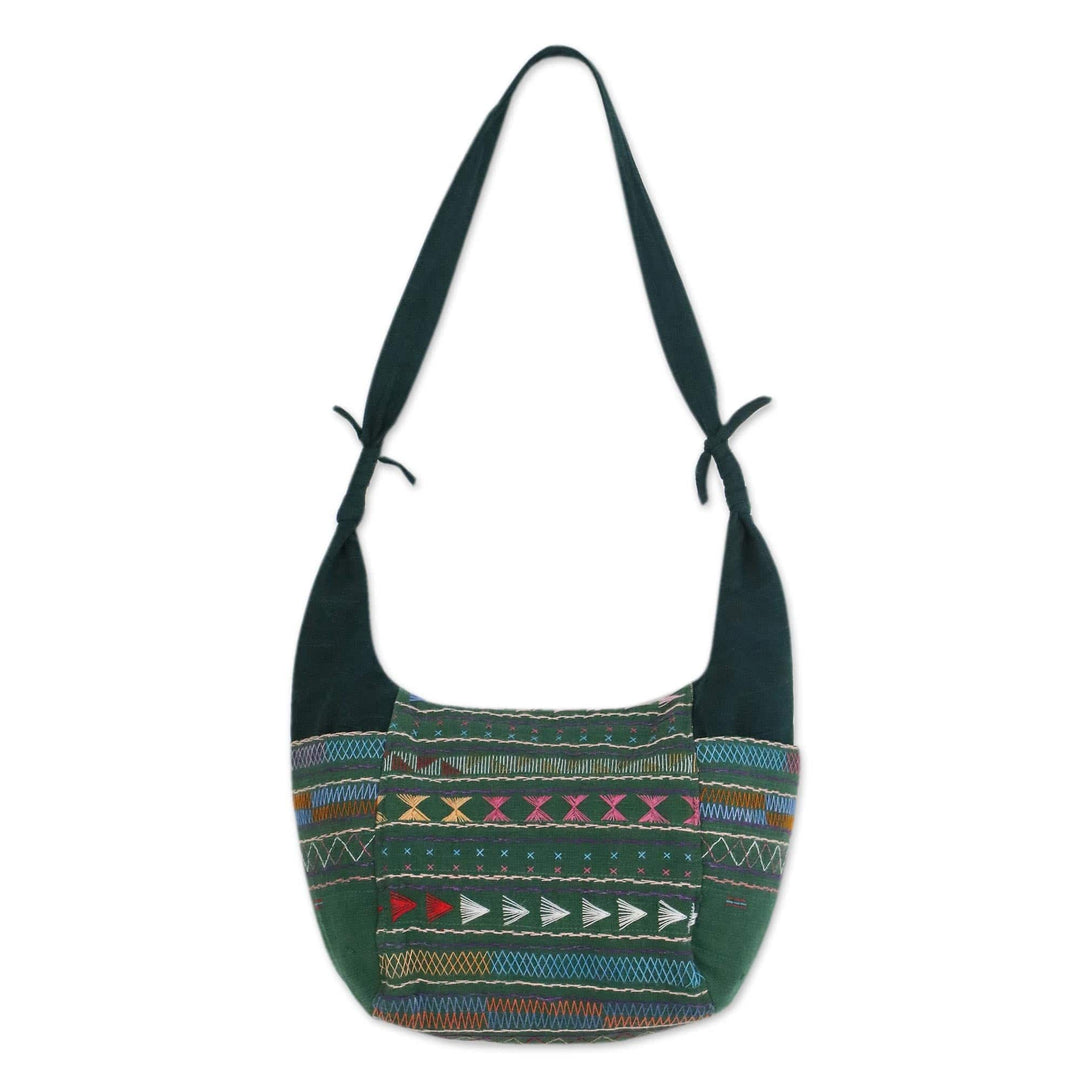 Handwoven Cotton Hill Tribe Hobo Bag in Moss from Thailand - Moss Hill Tribe Carnival