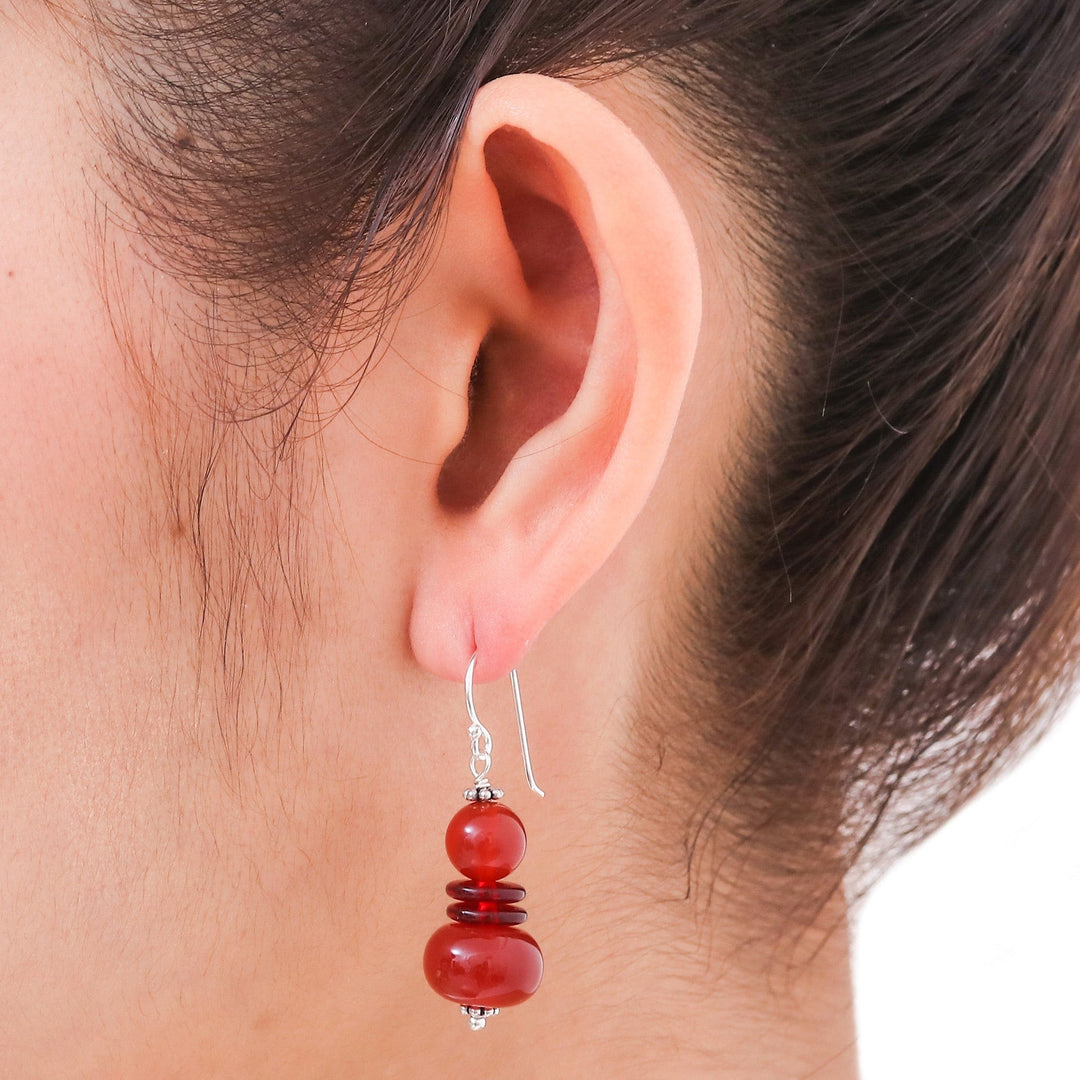Carnelian Beaded Dangle Earrings from Thailand - Fiery Memory
