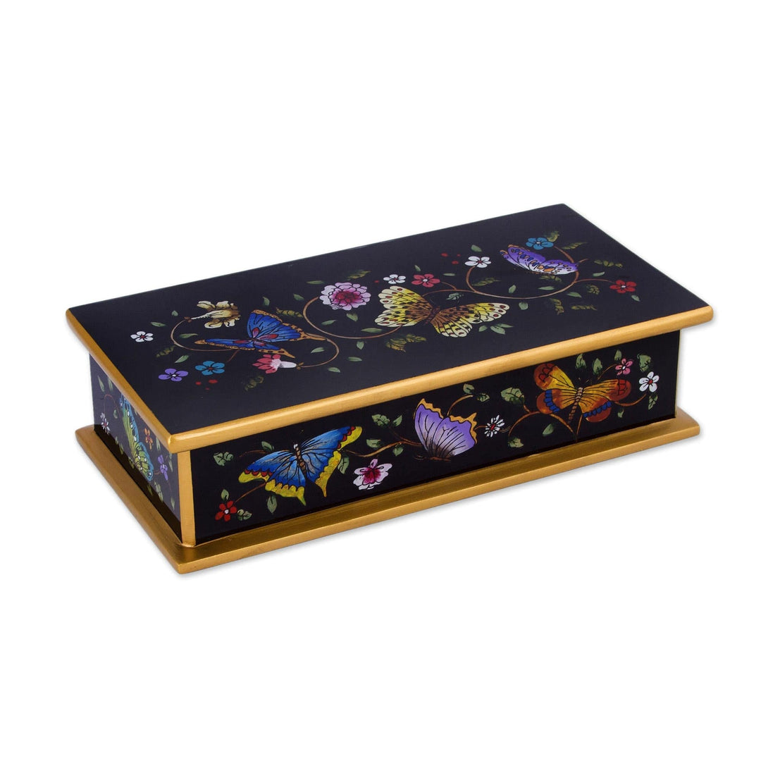 Reverse Painted Glass Butterfly Decorative Box in Black - Glorious Butterflies in Black