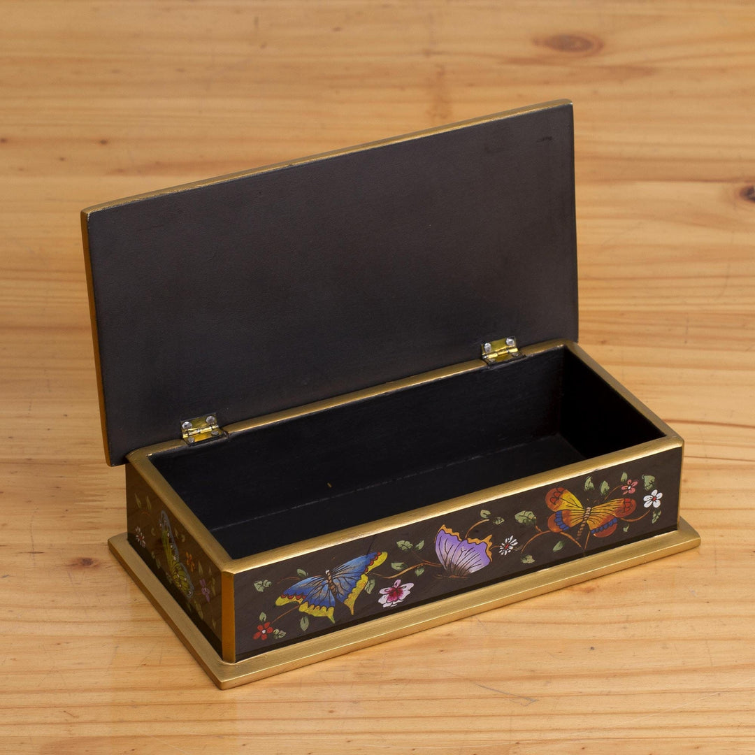 Reverse Painted Glass Butterfly Decorative Box in Black - Glorious Butterflies in Black
