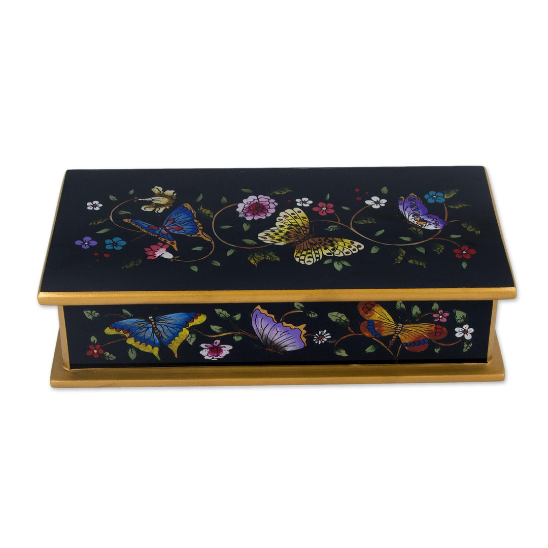 Reverse Painted Glass Butterfly Decorative Box in Black - Glorious Butterflies in Black