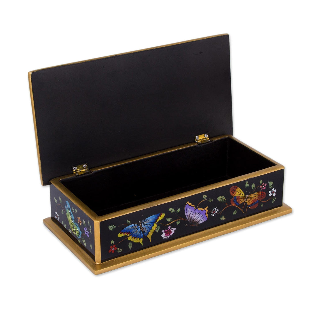 Reverse Painted Glass Butterfly Decorative Box in Black - Glorious Butterflies in Black