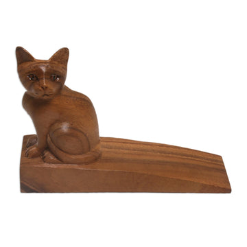 Handcrafted Suar Wood Cat Doorstop in Brown from Bali - Helpful Kitten in Brown