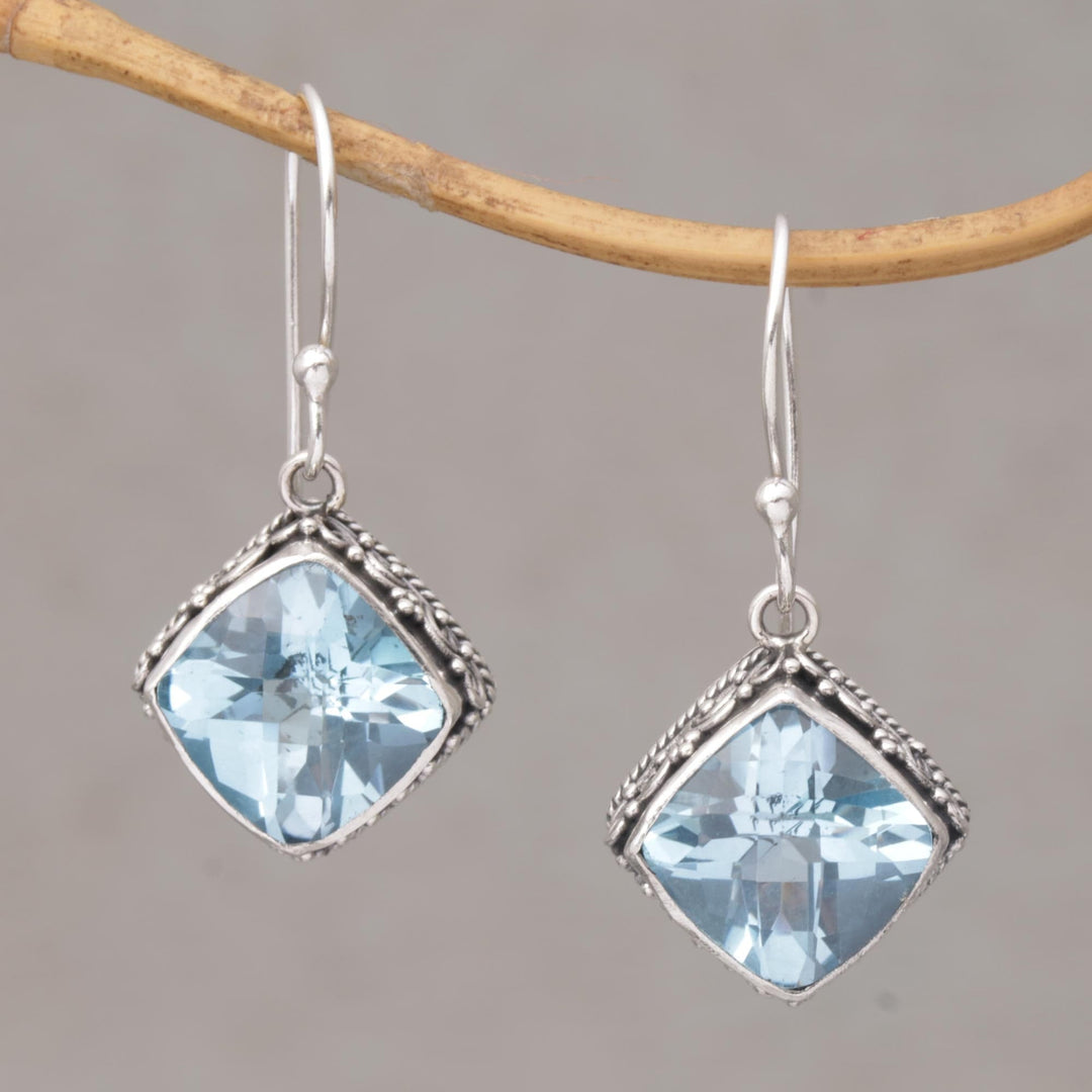 Blue Topaz and Silver Bubble Motif Dangle Earrings from Bali - Eyes of Pura