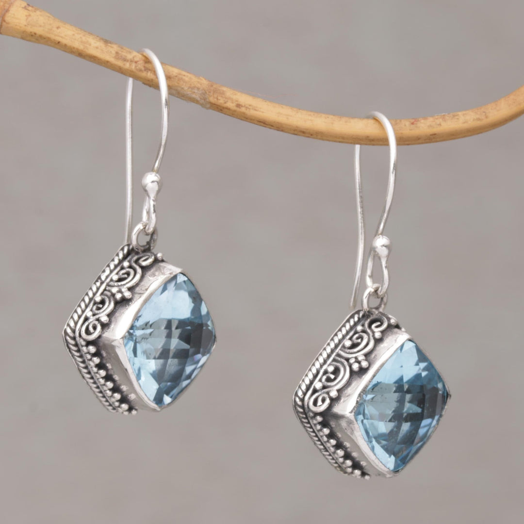 Blue Topaz and Silver Bubble Motif Dangle Earrings from Bali - Eyes of Pura