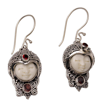 Garnet and Cow Bone Sterling Silver Celuk Dangle Earrings - Celuk Prince