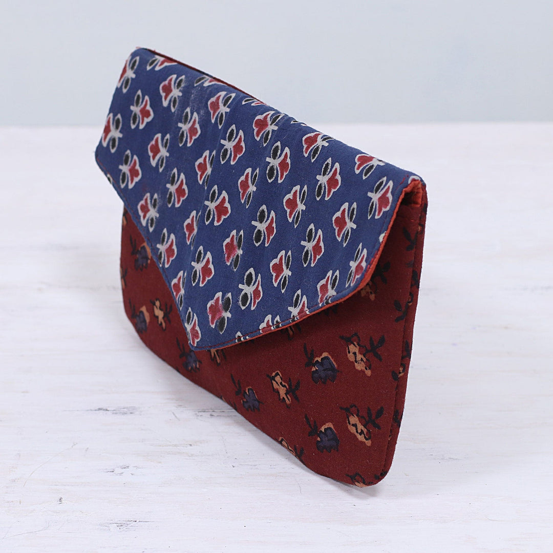 Printed Floral Cotton Clutch in Azure and Russet - Flowery Rainfall