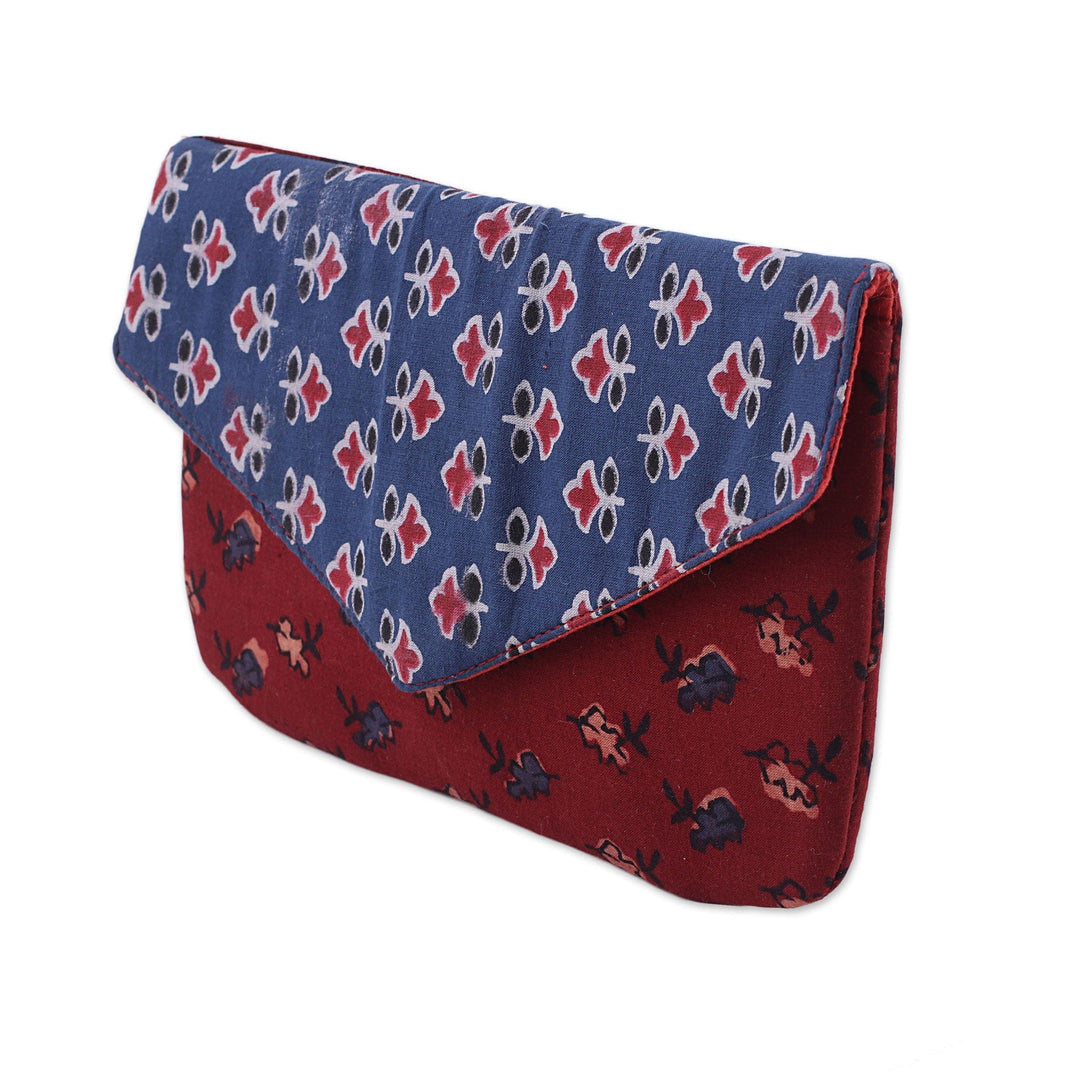 Printed Floral Cotton Clutch in Azure and Russet - Flowery Rainfall