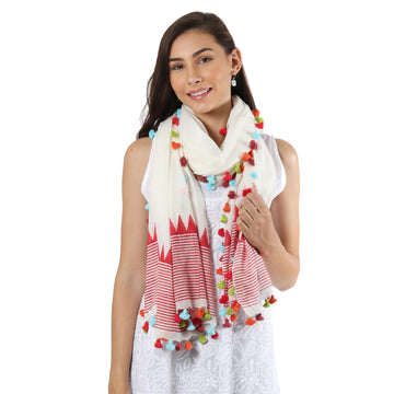 Loom Woven 100% Cotton White and Red Shawl - Pop of Color