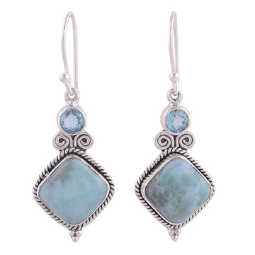 Blue Topaz and Larimar Sterling Silver Dangle Earrings - Pastel Seas