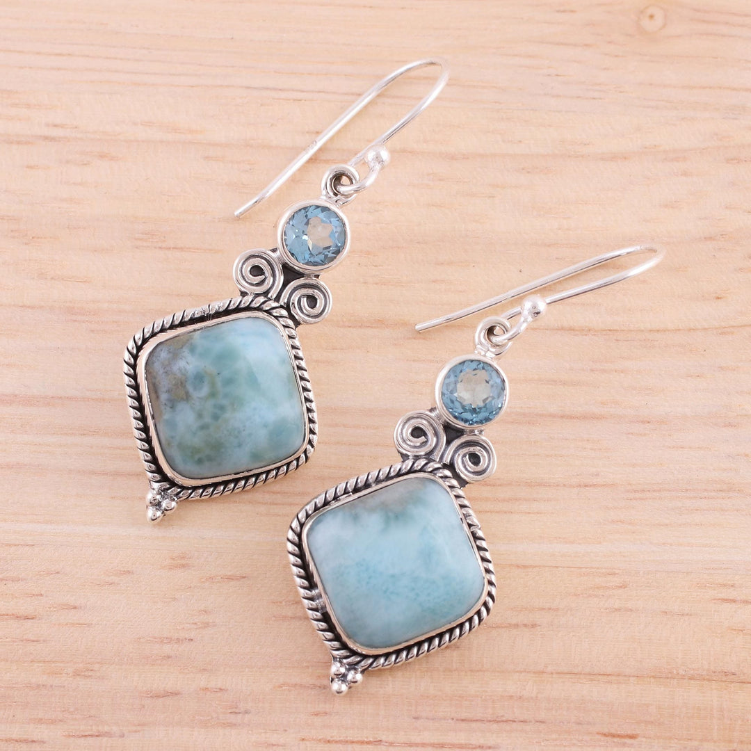 Blue Topaz and Larimar Sterling Silver Dangle Earrings - Pastel Seas