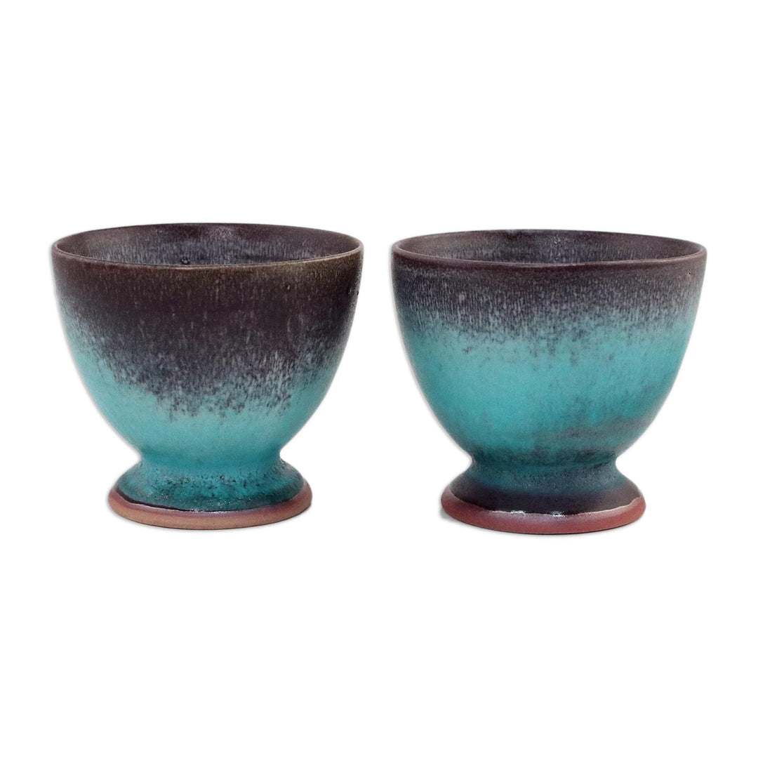 Turquoise and Brown Footed Ceramic Teacups (Pair) - Serene Seas