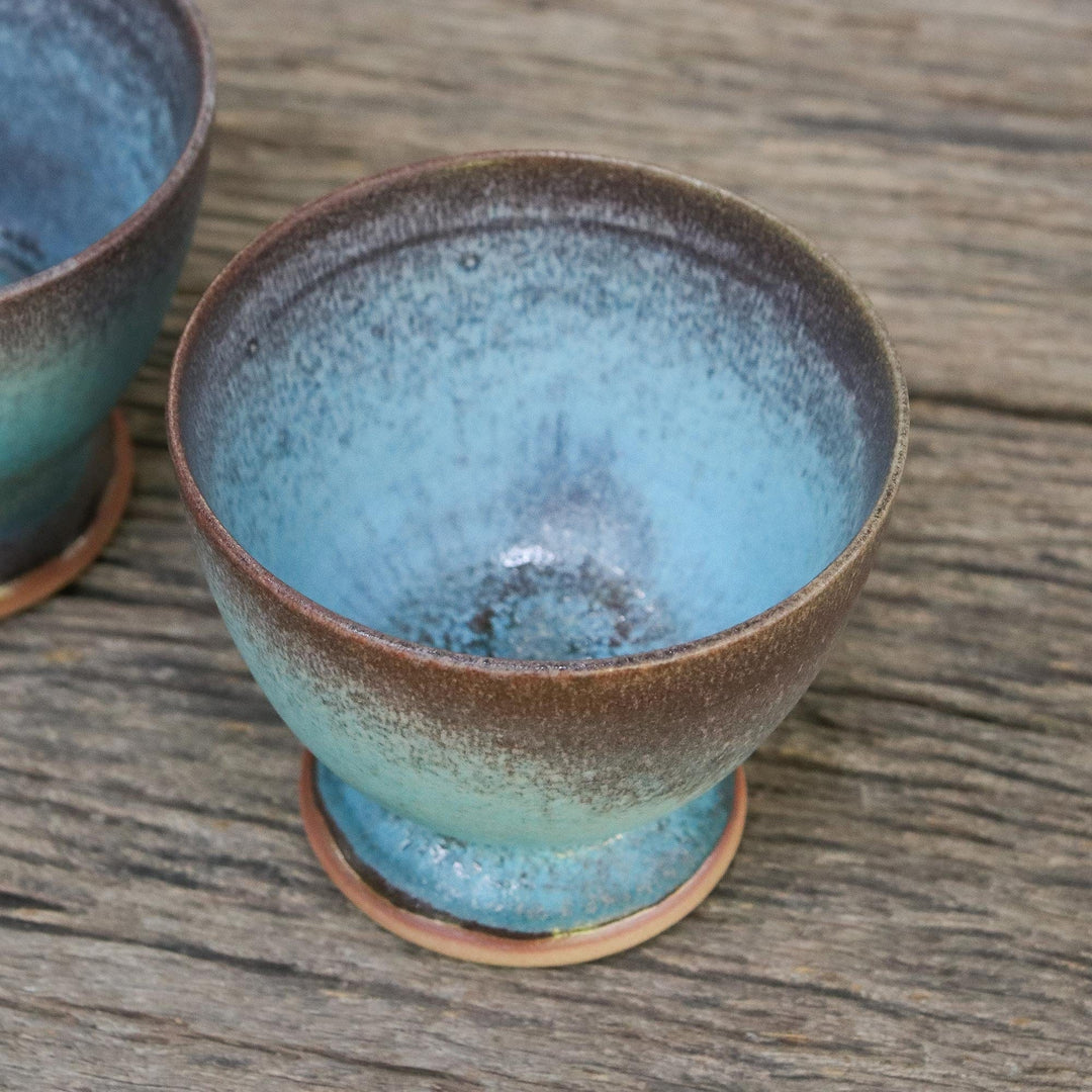 Turquoise and Brown Footed Ceramic Teacups (Pair) - Serene Seas