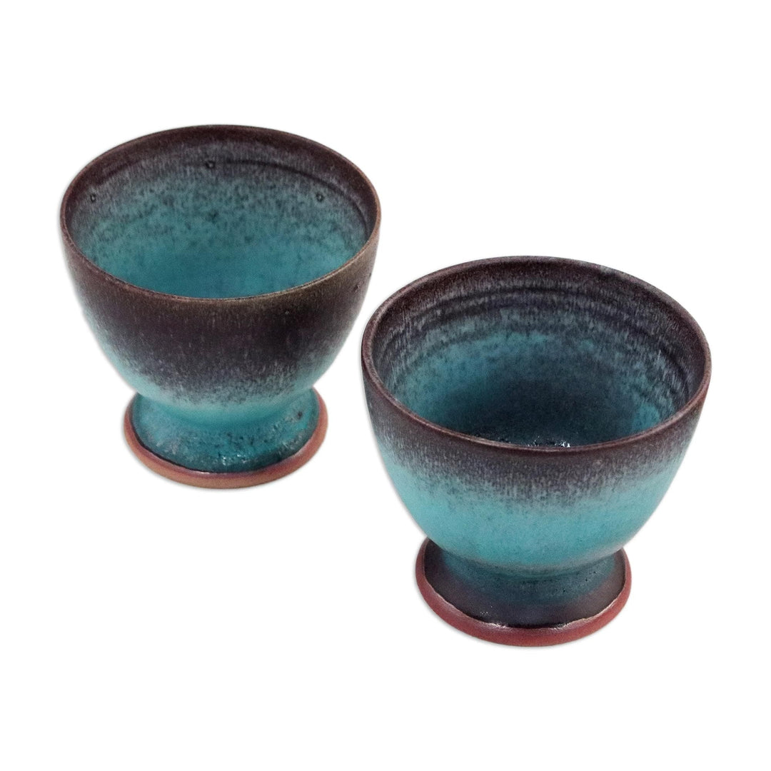 Turquoise and Brown Footed Ceramic Teacups (Pair) - Serene Seas