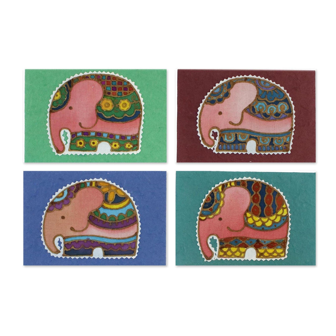 Four Cotton and Paper Elephant Greeting Cards from Thailand - Friendly Elephants