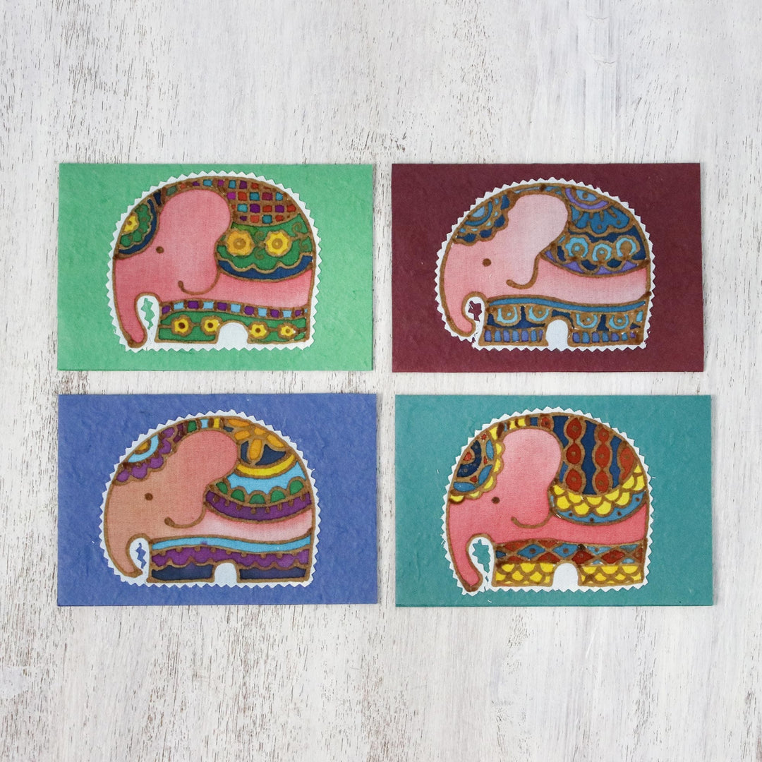 Four Cotton and Paper Elephant Greeting Cards from Thailand - Friendly Elephants