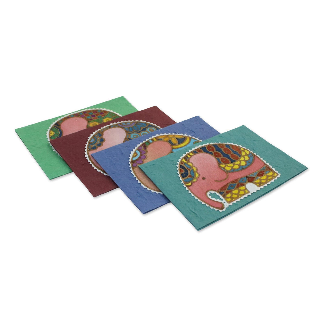 Four Cotton and Paper Elephant Greeting Cards from Thailand - Friendly Elephants