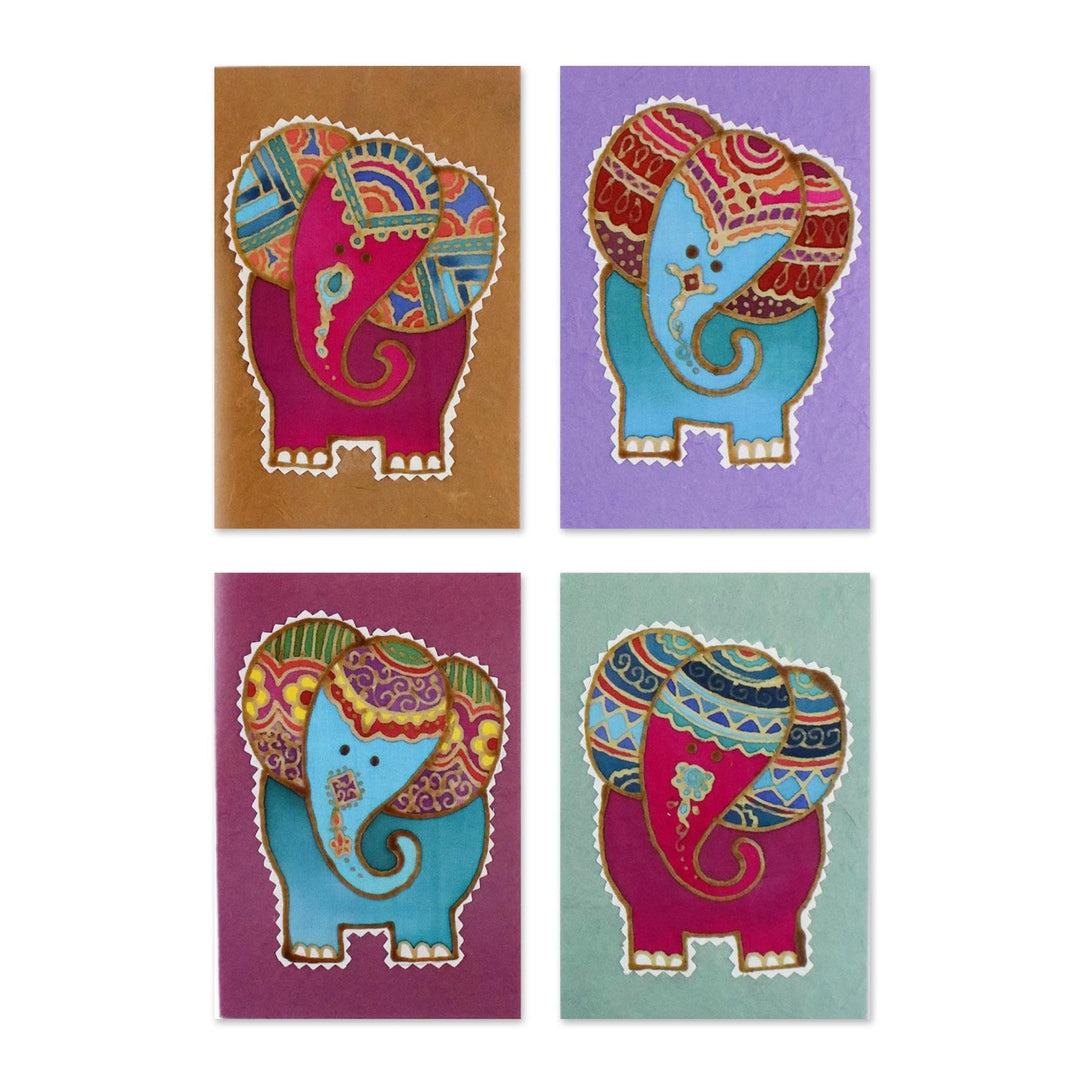 Four Batik Elephant-Themed Greeting Cards from Thailand - Wonderful Elephants