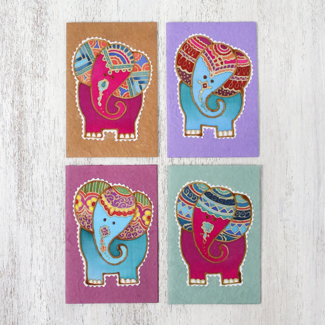 Four Batik Elephant-Themed Greeting Cards from Thailand - Wonderful Elephants