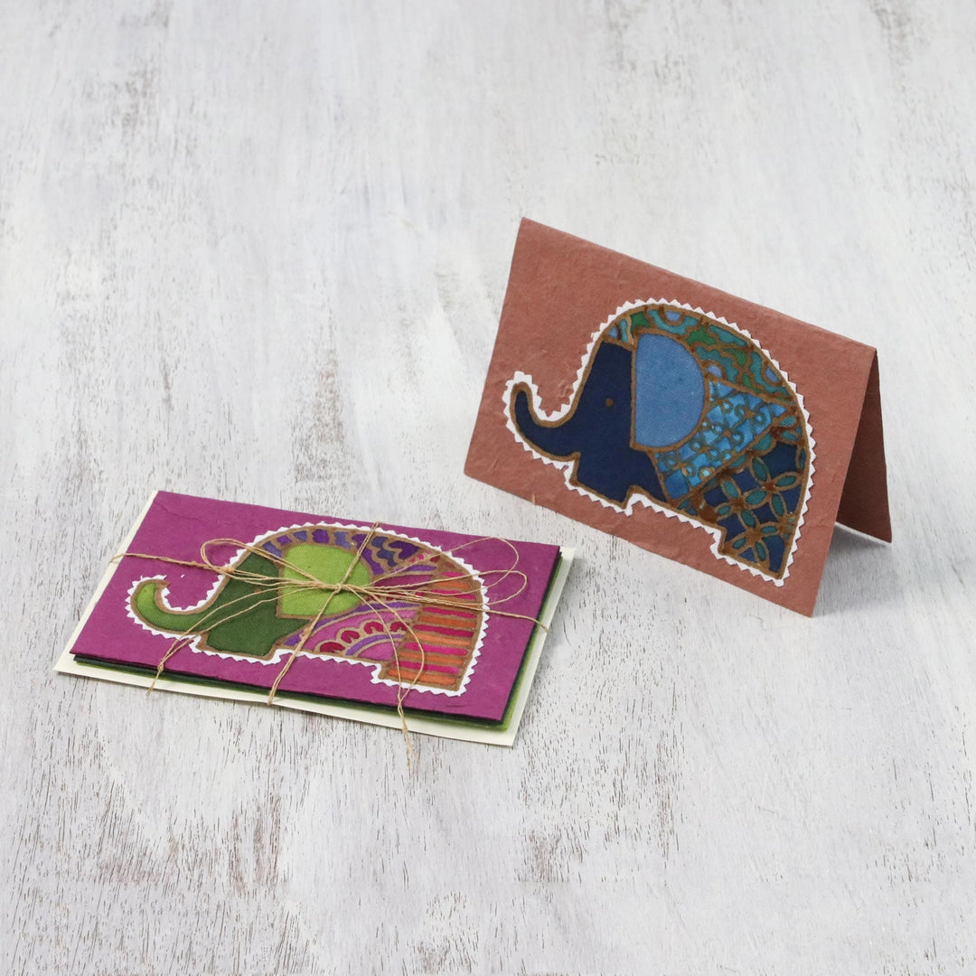 Handcrafted Batik Elephant Greeting Cards (Set of 4) - Elephant Salutations