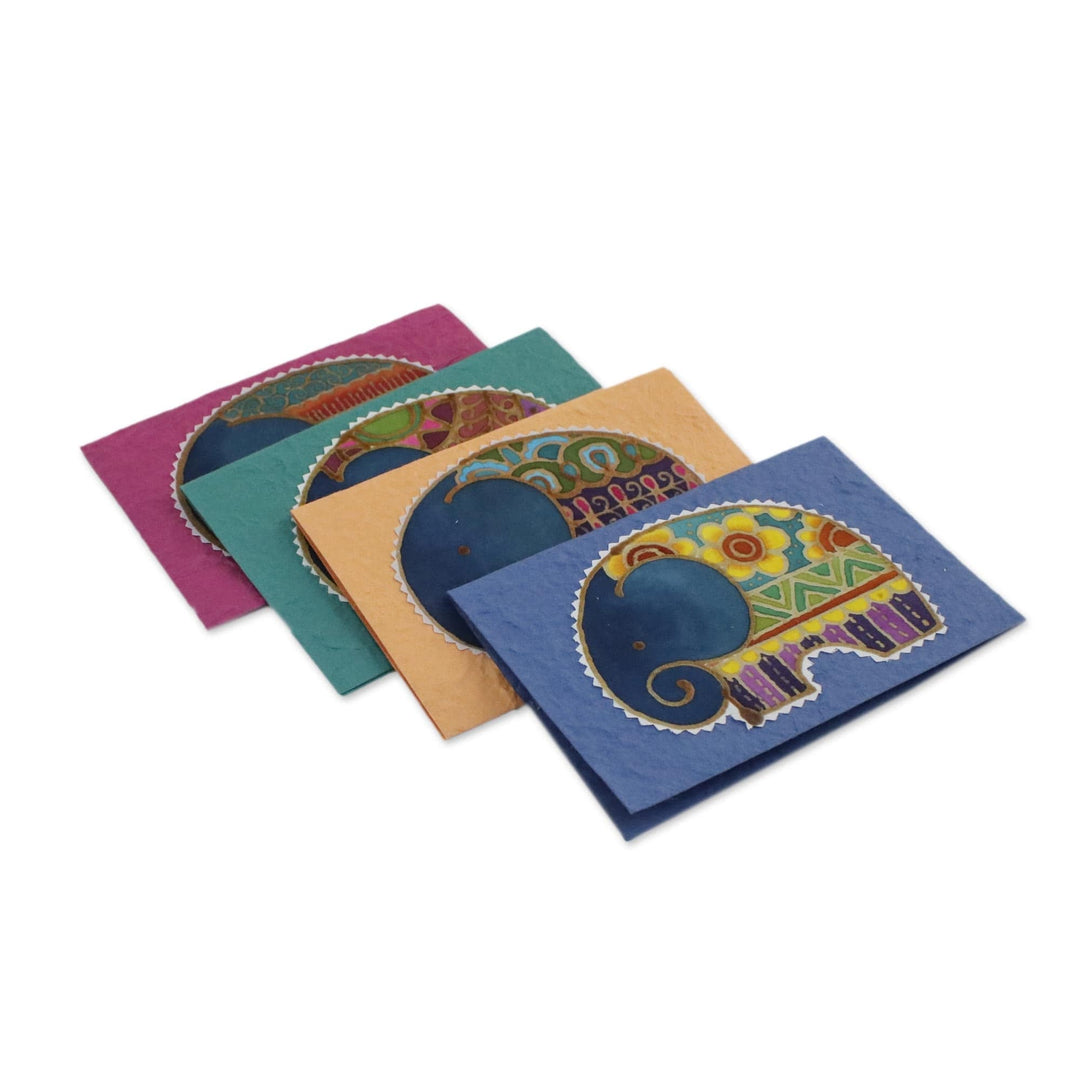 Set of 4 Batik Cotton and Paper Elephant Greeting Cards - Excited Elephants