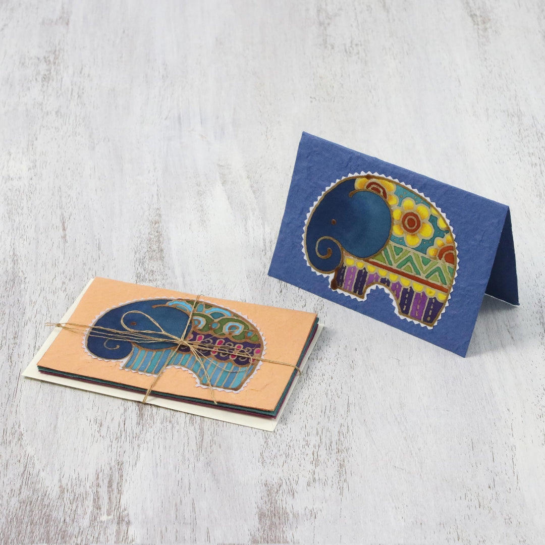 Set of 4 Batik Cotton and Paper Elephant Greeting Cards - Excited Elephants
