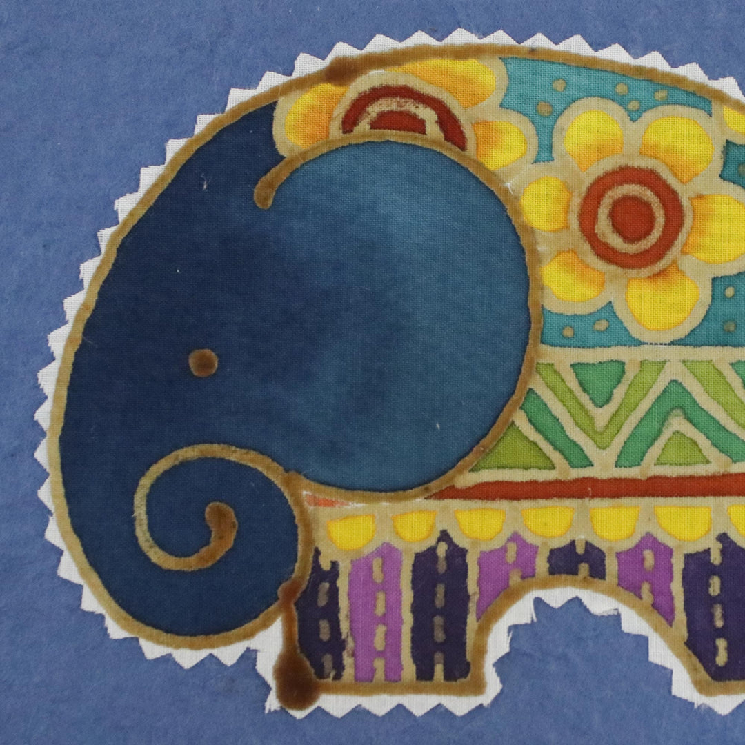 Set of 4 Batik Cotton and Paper Elephant Greeting Cards - Excited Elephants