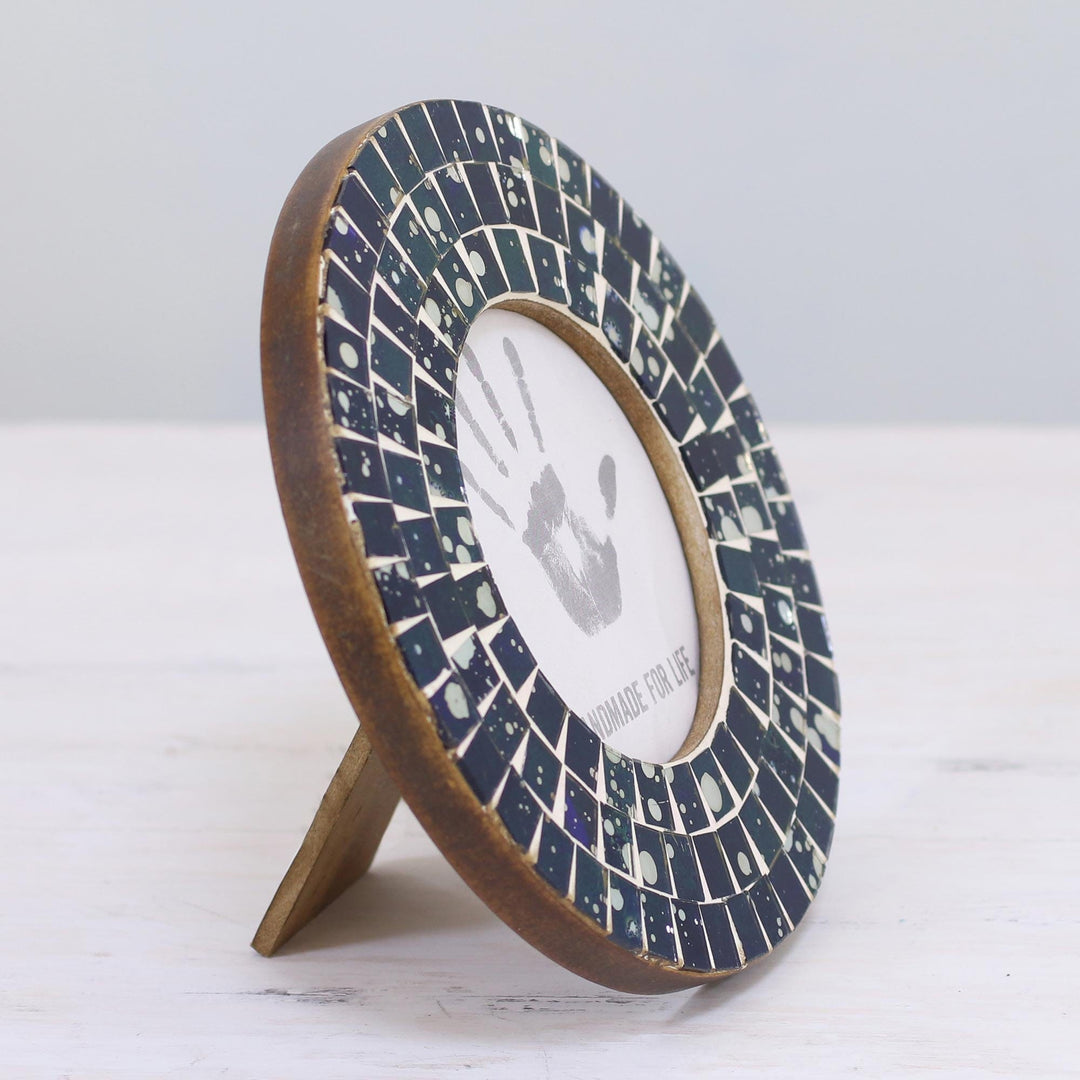 4 Inch Circular Blue Glass Mosaic Photo Frame - Bubbling Memories in Blue