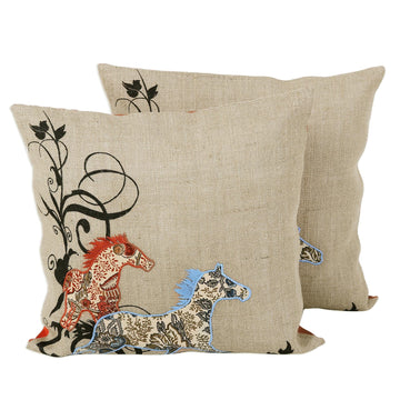 Two Jute Cushion Covers with Floral Horse Motif from India - Twin Horses