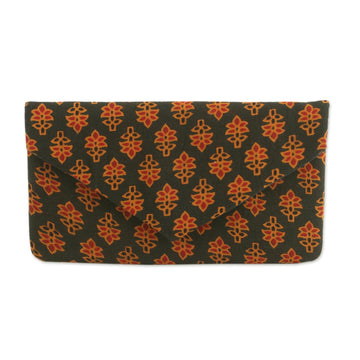 Printed Floral Cotton Clutch in Forest Green - Floral Shower