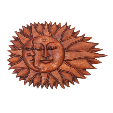 Artisan Hand-Carved Sun and Moon Wall Relief Panel from Bali - Lunar Solar