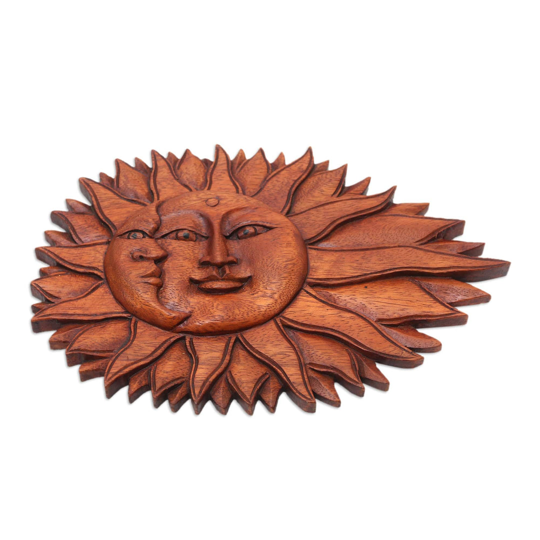 Artisan Hand-Carved Sun and Moon Wall Relief Panel from Bali - Lunar Solar
