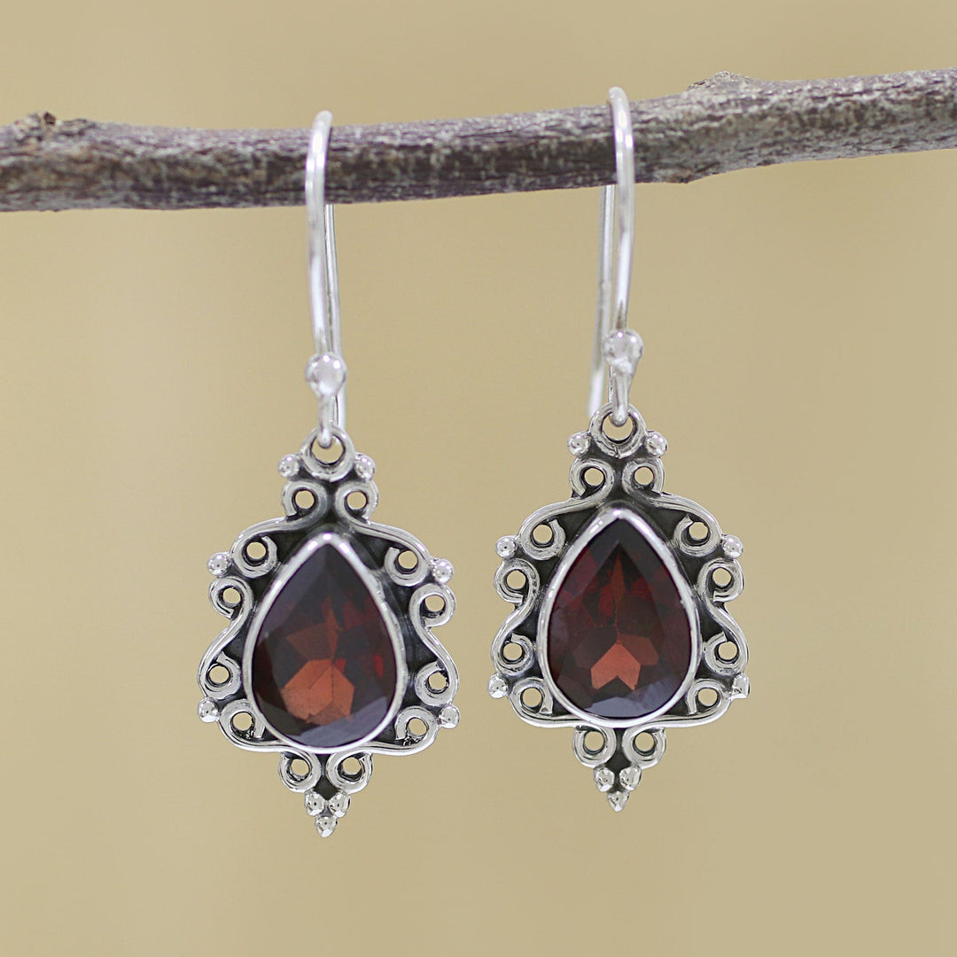 Sterling Silver and Garnet Dangle Earrings from India - Red Intricacy